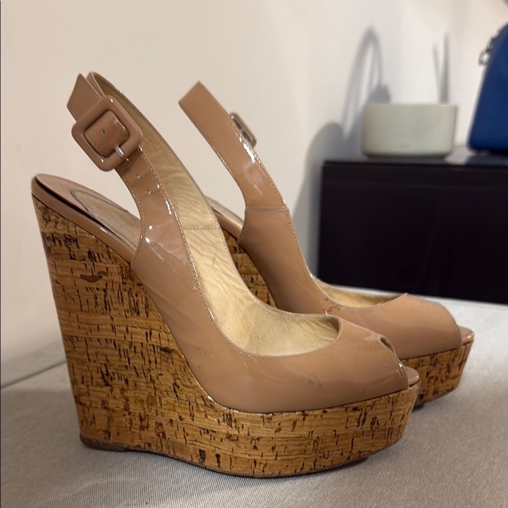 Christian Louboutin Lady Peep Wedge Patent Leather Beige